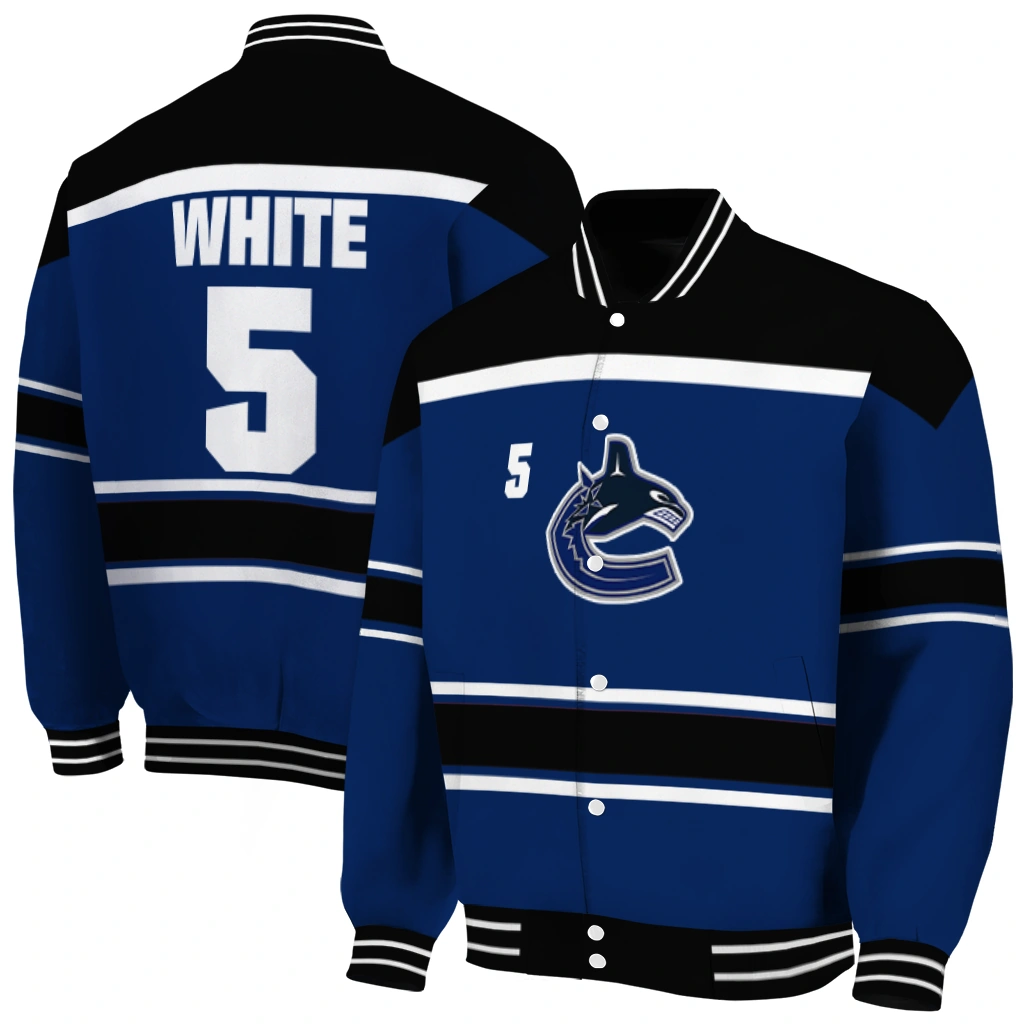 custom vancouver canucks stripe statement blue black varsity jacket fashion forward custom vancouver canucks stripe statement blue black varsity jacket fashion forward