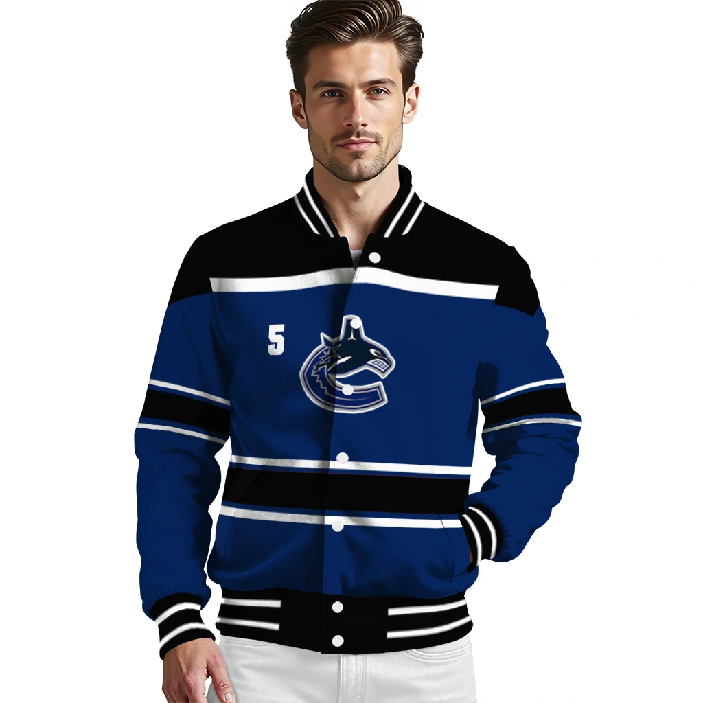 custom vancouver canucks stripe statement blue black varsity jacket high quality custom vancouver canucks stripe statement blue black varsity jacket high quality