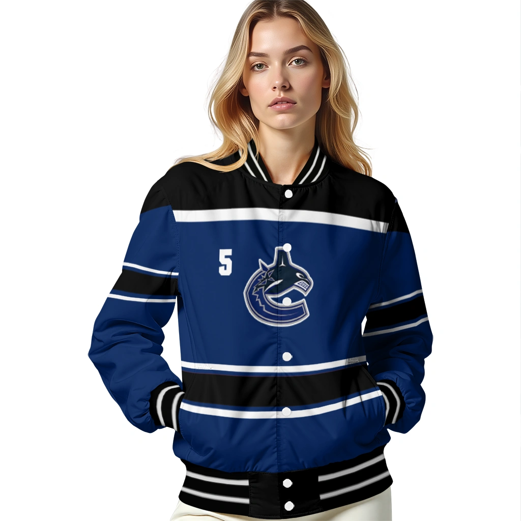 custom vancouver canucks stripe statement blue black varsity jacket latest model custom vancouver canucks stripe statement blue black varsity jacket latest model