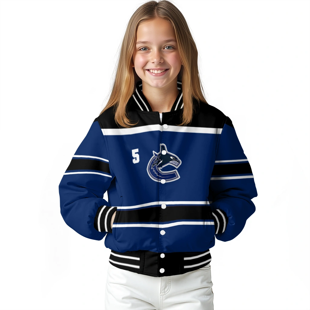 custom vancouver canucks stripe statement blue black varsity jacket top rated custom vancouver canucks stripe statement blue black varsity jacket top rated