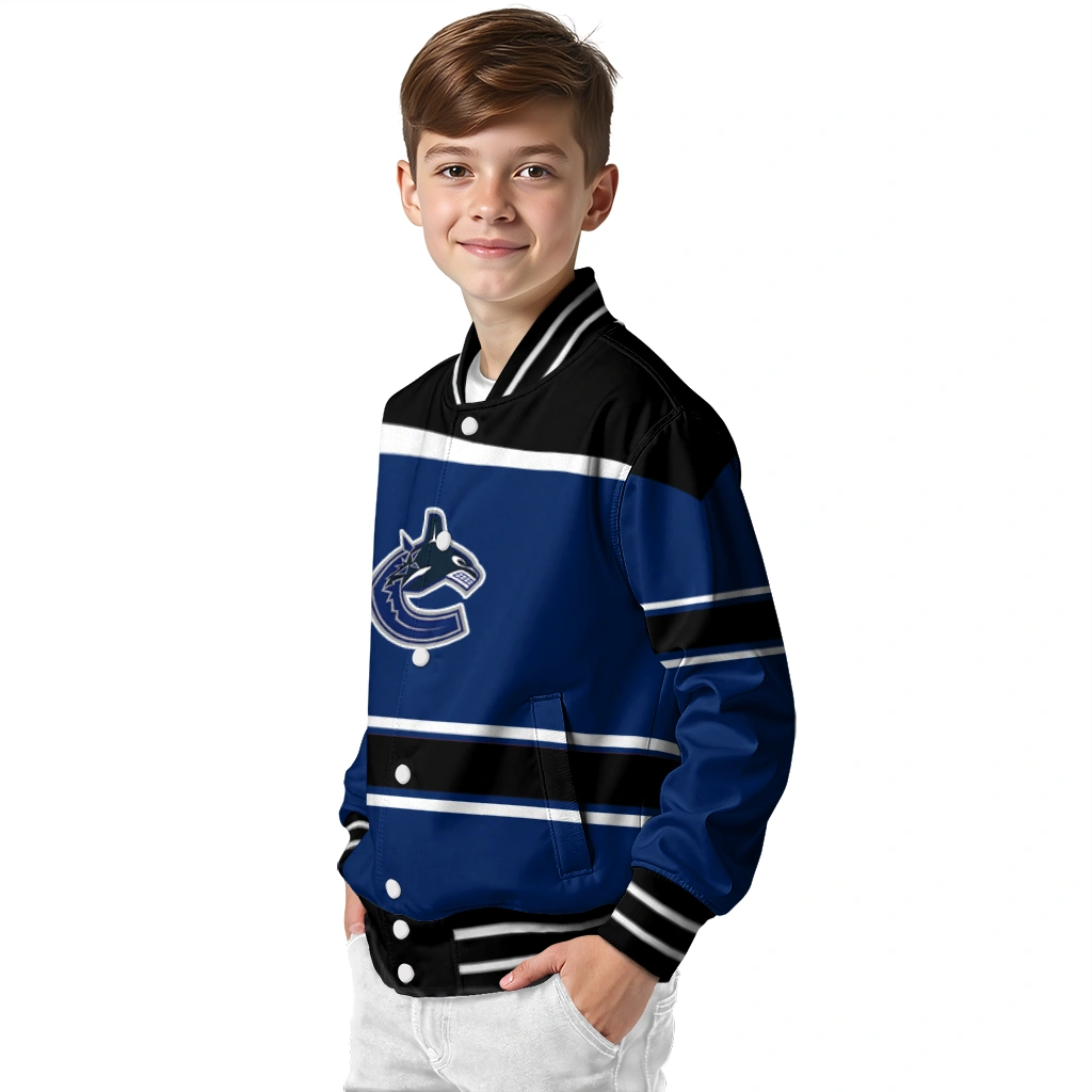 custom vancouver canucks stripe statement blue black varsity jacket trendy custom vancouver canucks stripe statement blue black varsity jacket trendy