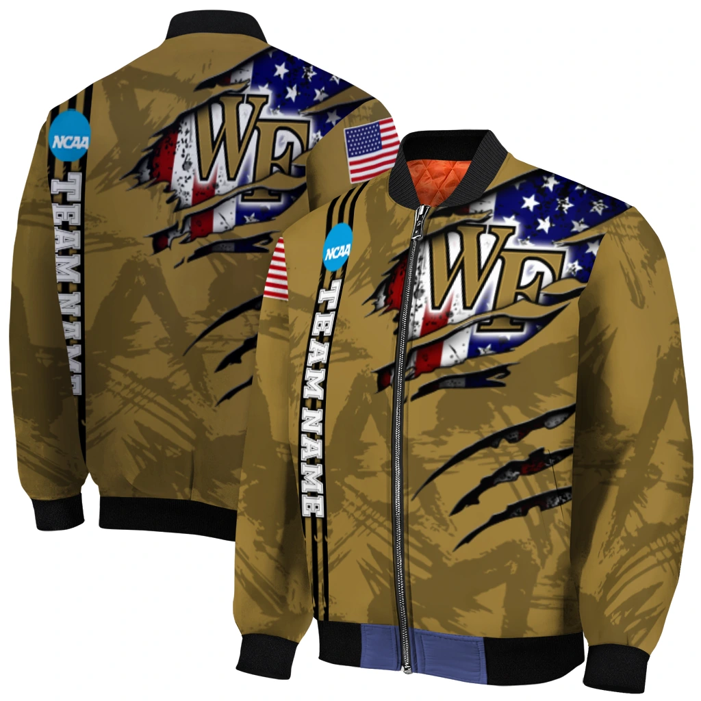 custom wake forest demon deacons usa flag claws gold bomber jacket best selling custom wake forest demon deacons usa flag claws gold bomber jacket best selling