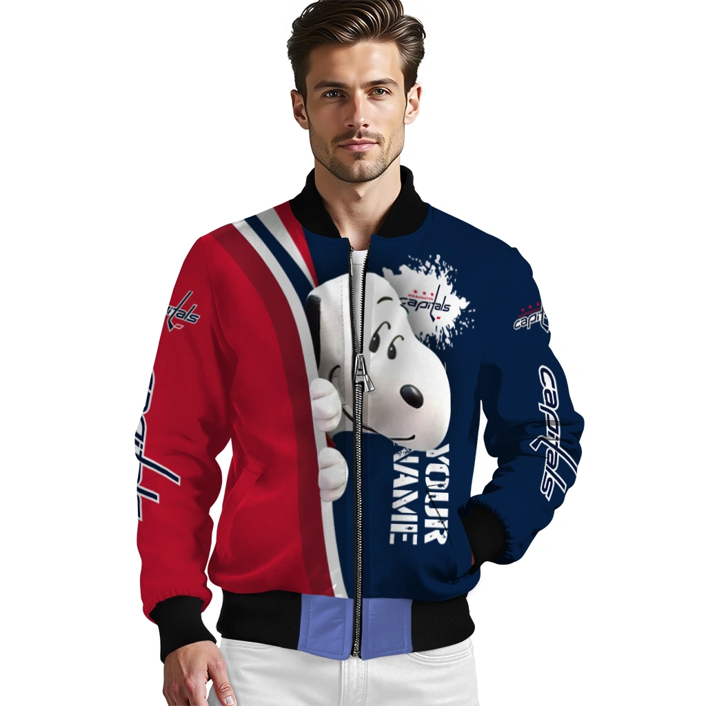 custom washington capitals snoopy head blue bomber jacket high quality custom washington capitals snoopy head blue bomber jacket high quality
