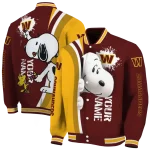 custom washington commanders snoopy head burgundy varsity jacket best selling