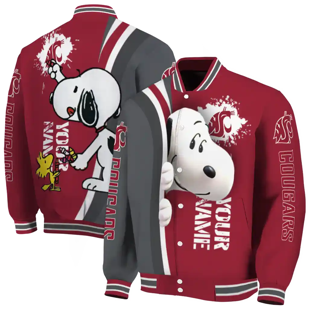 custom washington state cougars snoopy head crimson varsity jacket fashion forward custom washington state cougars snoopy head crimson varsity jacket fashion forward