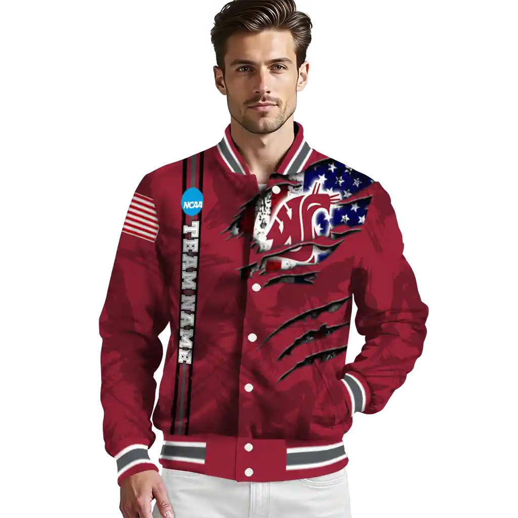 custom washington state cougars usa flag claws crimson varsity jacket high quality custom washington state cougars usa flag claws crimson varsity jacket high quality