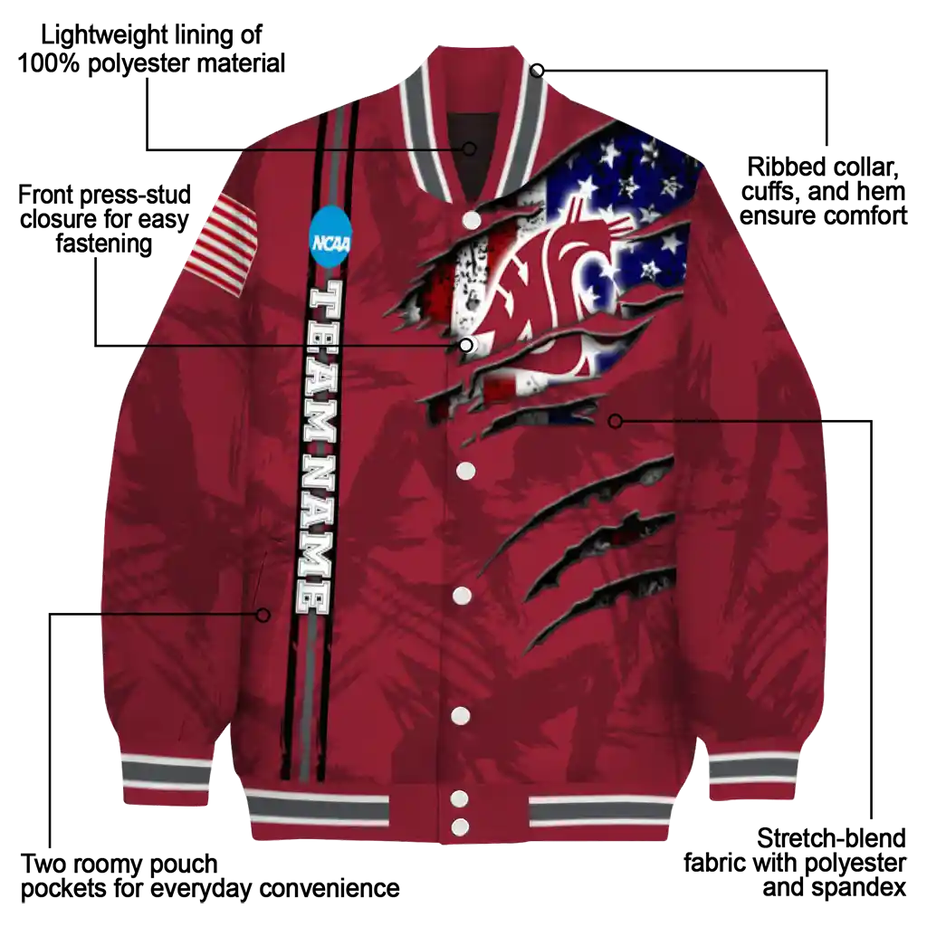 custom washington state cougars usa flag claws crimson varsity jacket new arrival custom washington state cougars usa flag claws crimson varsity jacket new arrival