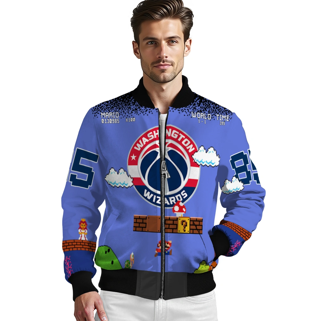 custom washington wizards mario blocks blue black bomber jacket high quality custom washington wizards mario blocks blue black bomber jacket high quality