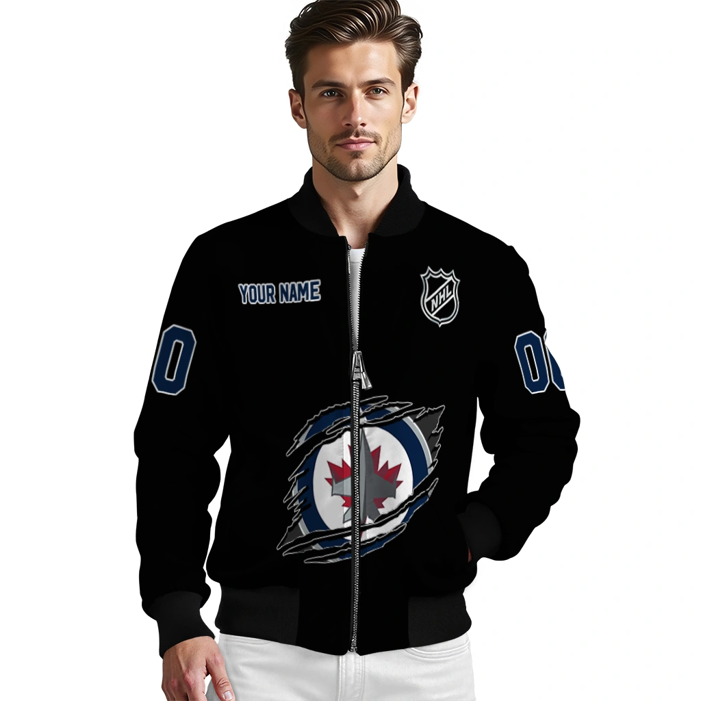 custom winnipeg jets claw cut black bomber jacket high quality custom winnipeg jets claw cut black bomber jacket high quality