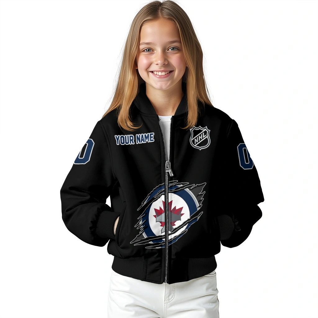 custom winnipeg jets claw cut black bomber jacket top rated custom winnipeg jets claw cut black bomber jacket top rated