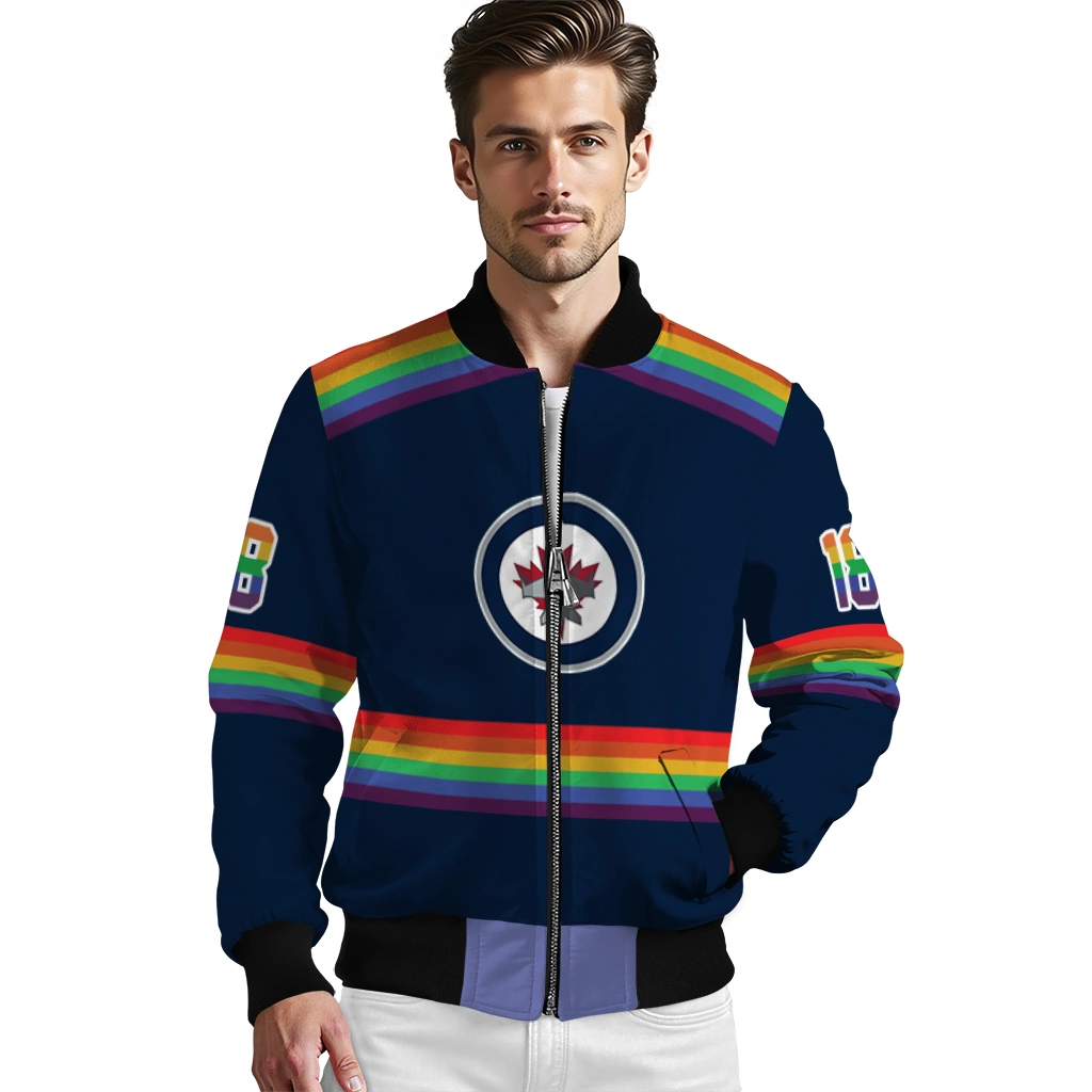custom winnipeg jets rainbow jersey number blue bomber jacket high quality custom winnipeg jets rainbow jersey number blue bomber jacket high quality