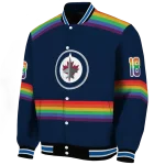 custom winnipeg jets rainbow jersey number blue varsity jacket best selling