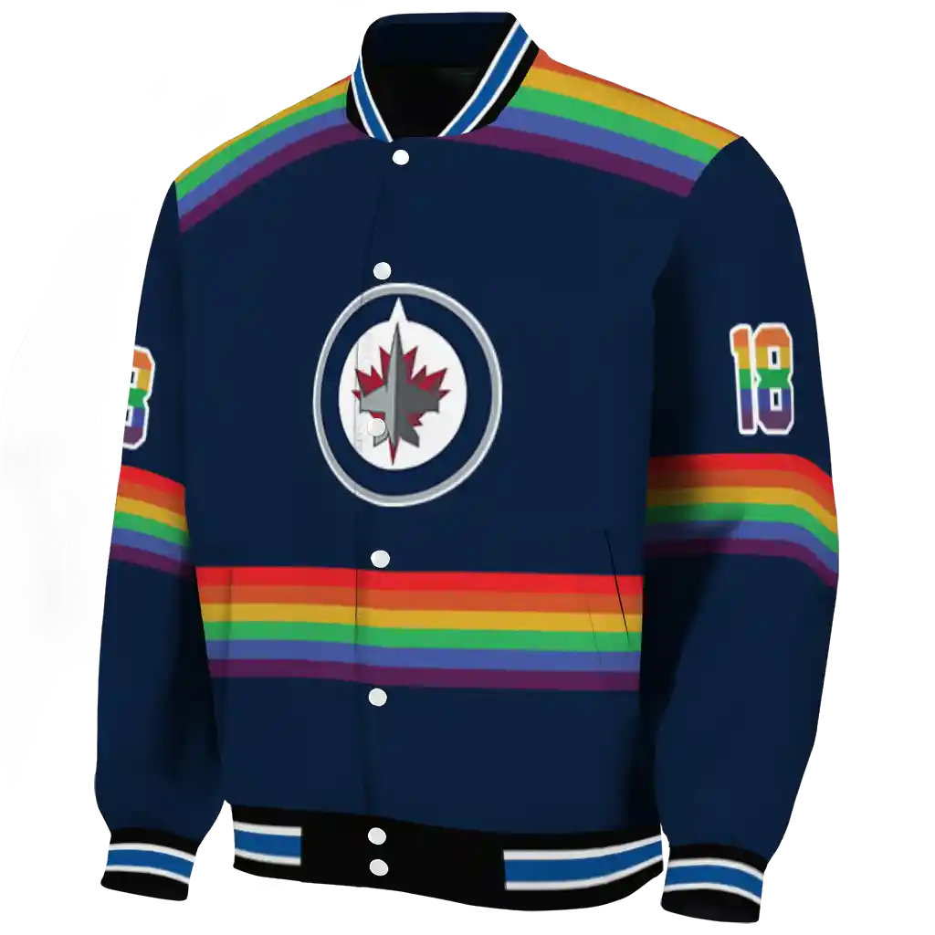 custom winnipeg jets rainbow jersey number blue varsity jacket best selling custom winnipeg jets rainbow jersey number blue varsity jacket best selling