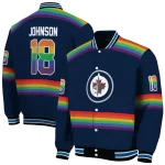 custom winnipeg jets rainbow jersey number blue varsity jacket best selling