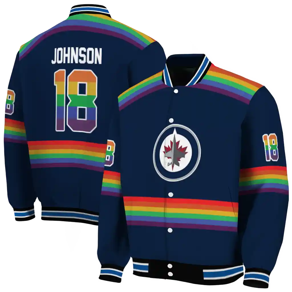 custom winnipeg jets rainbow jersey number blue varsity jacket fashion forward custom winnipeg jets rainbow jersey number blue varsity jacket fashion forward