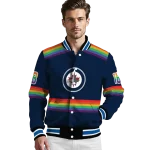 custom winnipeg jets rainbow jersey number blue varsity jacket best selling