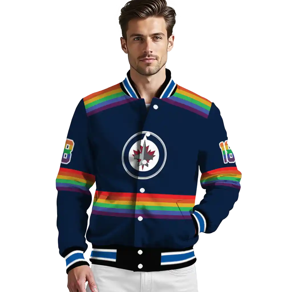 custom winnipeg jets rainbow jersey number blue varsity jacket high quality custom winnipeg jets rainbow jersey number blue varsity jacket high quality