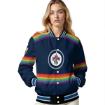 custom winnipeg jets rainbow jersey number blue varsity jacket best selling