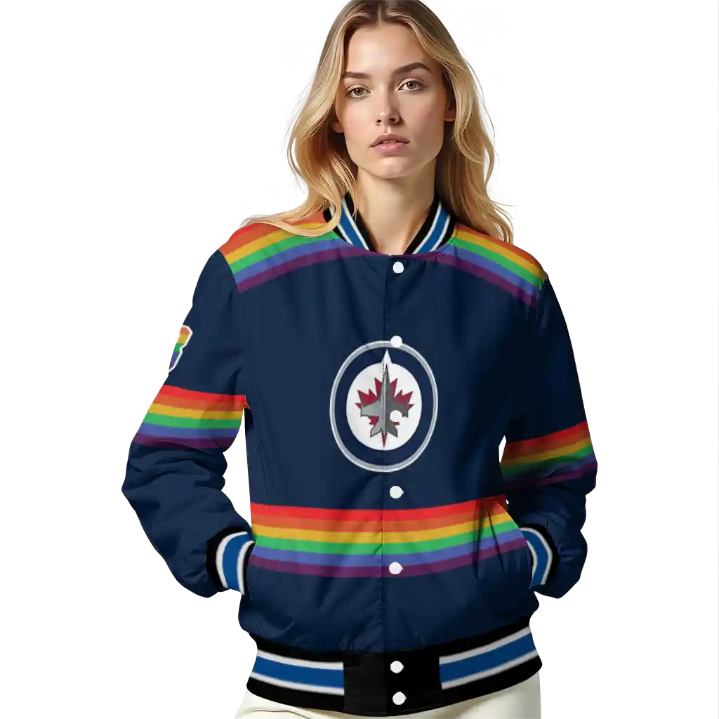 custom winnipeg jets rainbow jersey number blue varsity jacket latest model custom winnipeg jets rainbow jersey number blue varsity jacket latest model