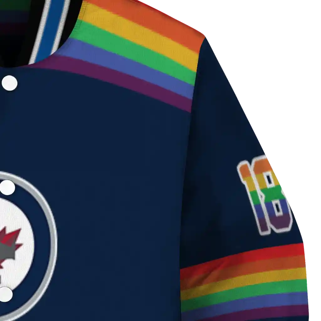 custom winnipeg jets rainbow jersey number blue varsity jacket premium grade custom winnipeg jets rainbow jersey number blue varsity jacket premium grade