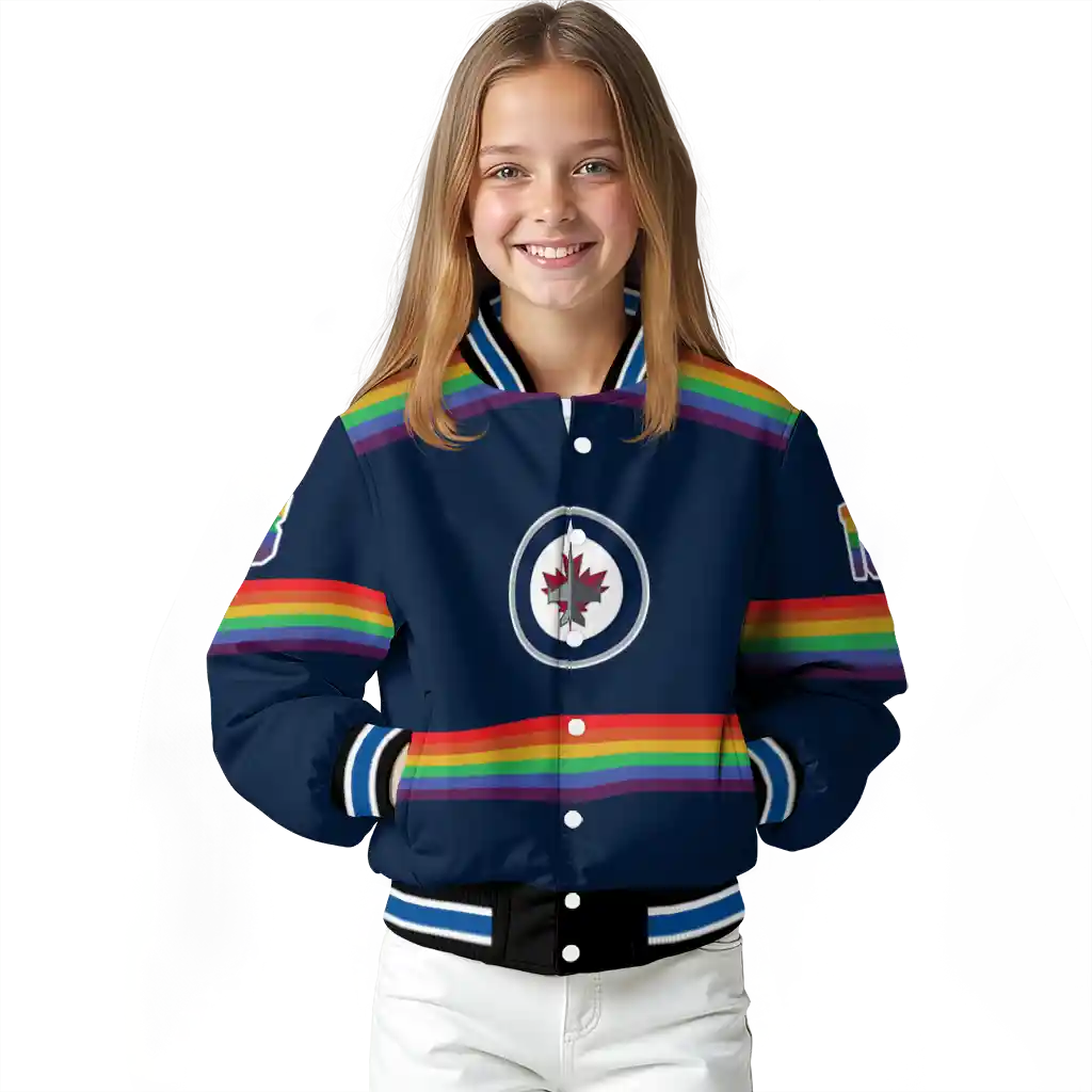 custom winnipeg jets rainbow jersey number blue varsity jacket top rated custom winnipeg jets rainbow jersey number blue varsity jacket top rated