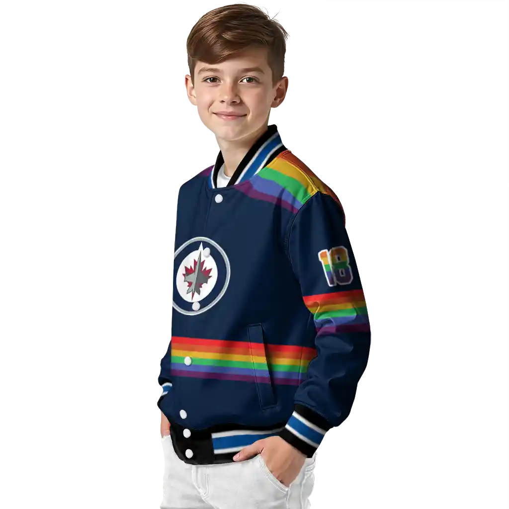 custom winnipeg jets rainbow jersey number blue varsity jacket trendy custom winnipeg jets rainbow jersey number blue varsity jacket trendy