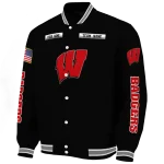 custom wisconsin badgers american flag skull black varsity jacket best selling