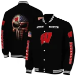 custom wisconsin badgers american flag skull black varsity jacket best selling