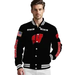 custom wisconsin badgers american flag skull black varsity jacket best selling