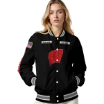 custom wisconsin badgers american flag skull black varsity jacket best selling