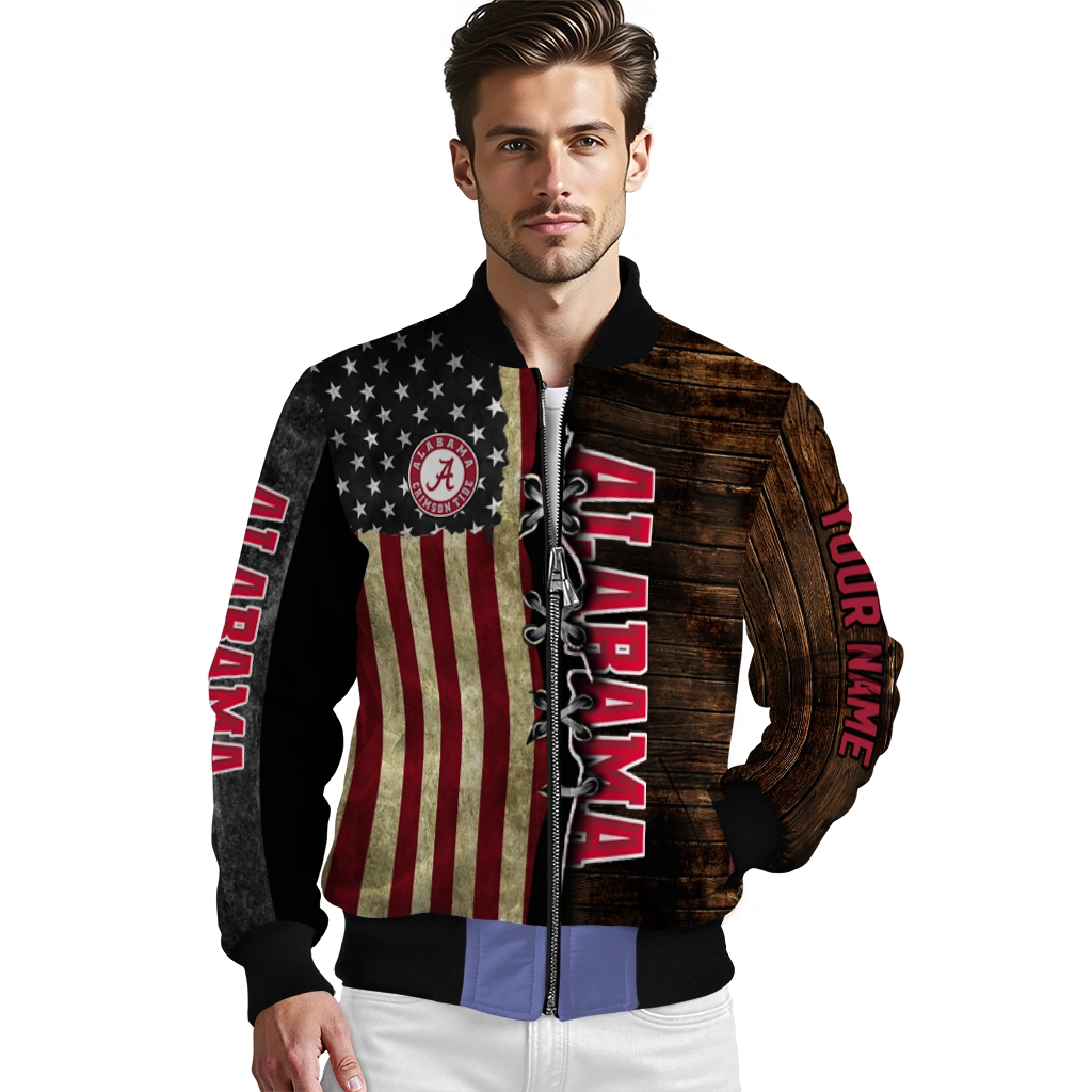 customized alabama crimson tide flag wood brown bomber jacket high quality customized alabama crimson tide flag wood brown bomber jacket high quality