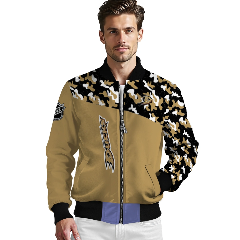 customized anaheim ducks flag scratch effect gold bomber jacket high quality customized anaheim ducks flag scratch effect gold bomber jacket high quality