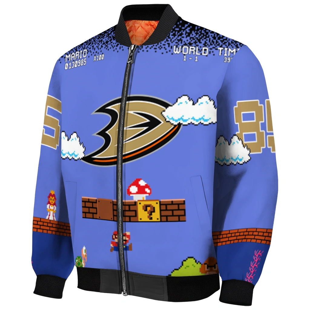 customized anaheim ducks mario blocks blue black bomber jacket fashion forward customized anaheim ducks mario blocks blue black bomber jacket fashion forward
