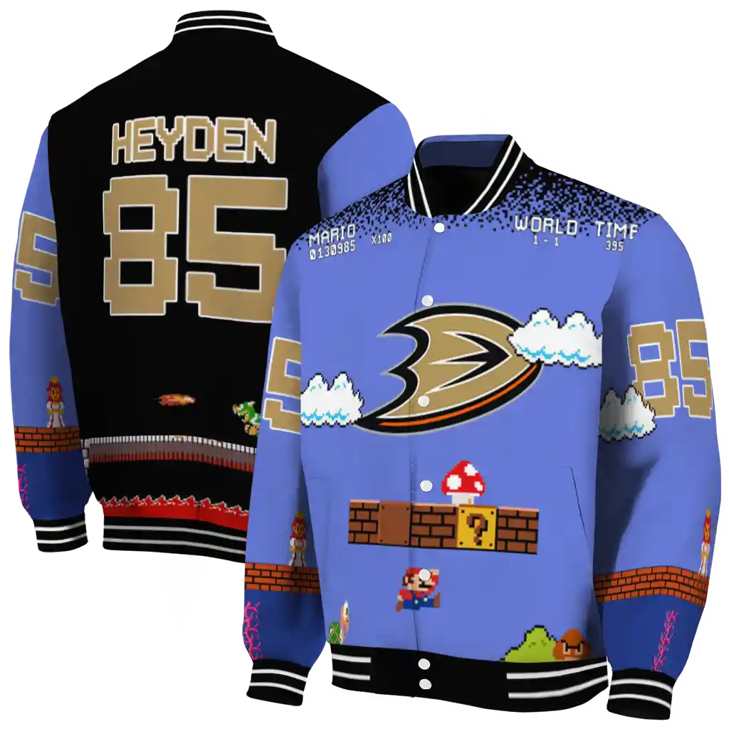 customized anaheim ducks mario blocks blue black varsity jacket fashion forward customized anaheim ducks mario blocks blue black varsity jacket fashion forward