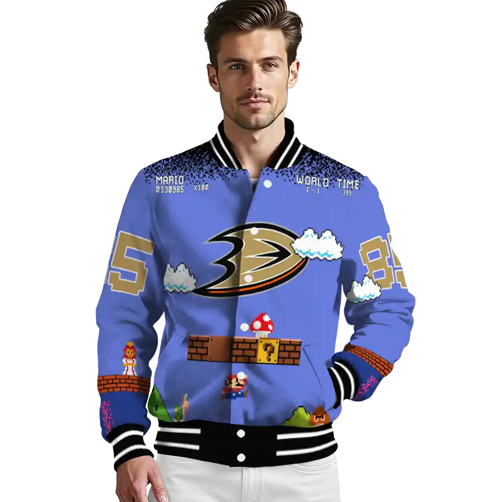 customized anaheim ducks mario blocks blue black varsity jacket high quality customized anaheim ducks mario blocks blue black varsity jacket high quality