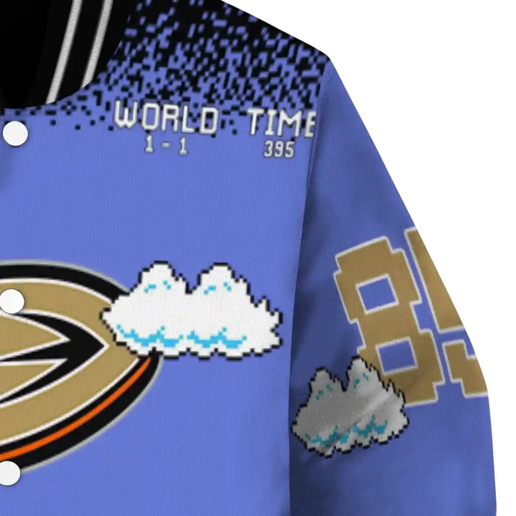 customized anaheim ducks mario blocks blue black varsity jacket premium grade customized anaheim ducks mario blocks blue black varsity jacket premium grade