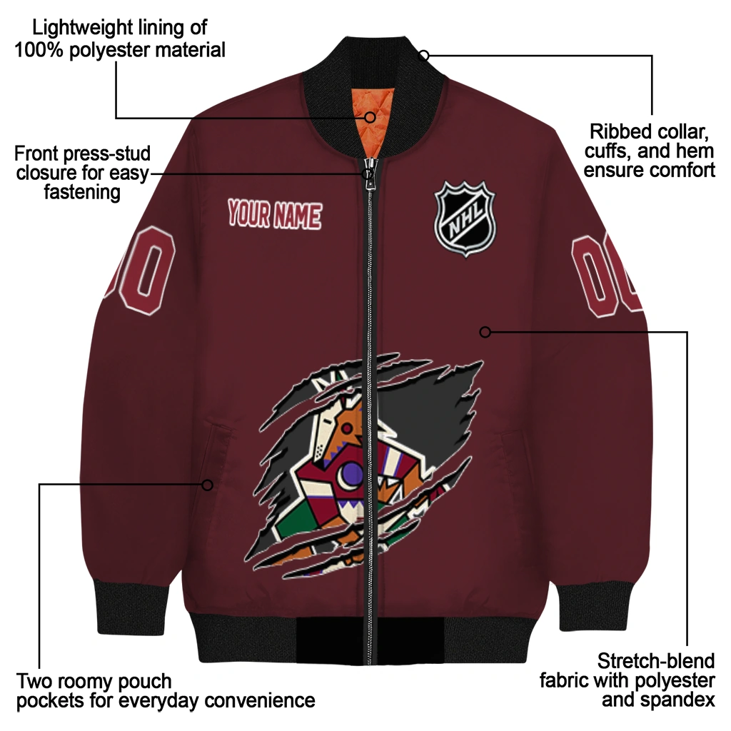 customized arizona coyotes claw rip red bomber jacket new arrival customized arizona coyotes claw rip red bomber jacket new arrival