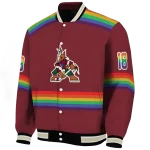 customized arizona coyotes rainbow jersey number red varsity jacket best selling