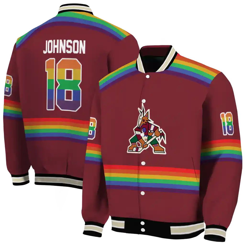 customized arizona coyotes rainbow jersey number red varsity jacket fashion forward customized arizona coyotes rainbow jersey number red varsity jacket fashion forward