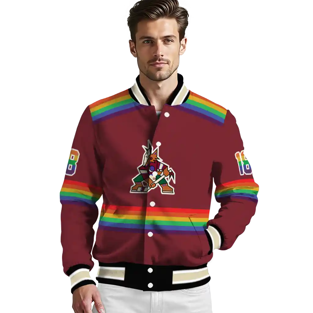 customized arizona coyotes rainbow jersey number red varsity jacket high quality customized arizona coyotes rainbow jersey number red varsity jacket high quality