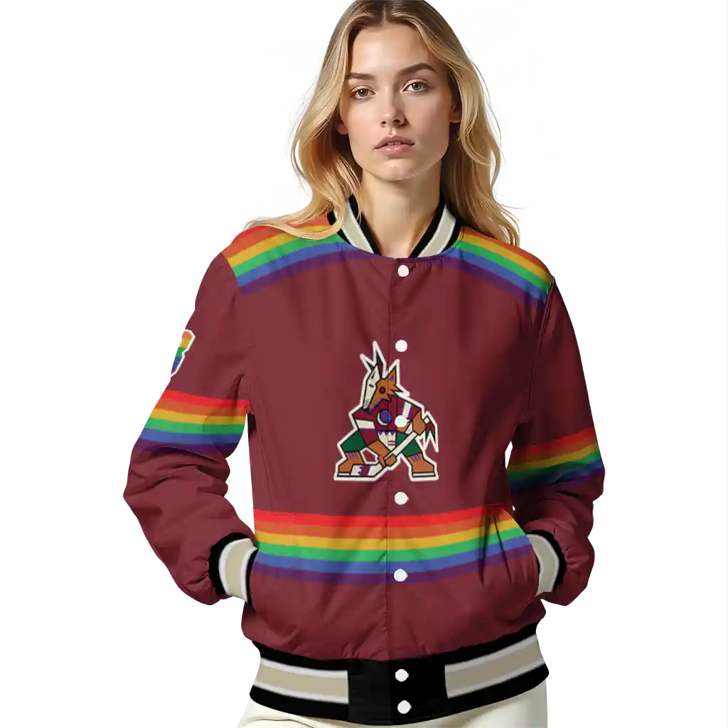 customized arizona coyotes rainbow jersey number red varsity jacket latest model customized arizona coyotes rainbow jersey number red varsity jacket latest model