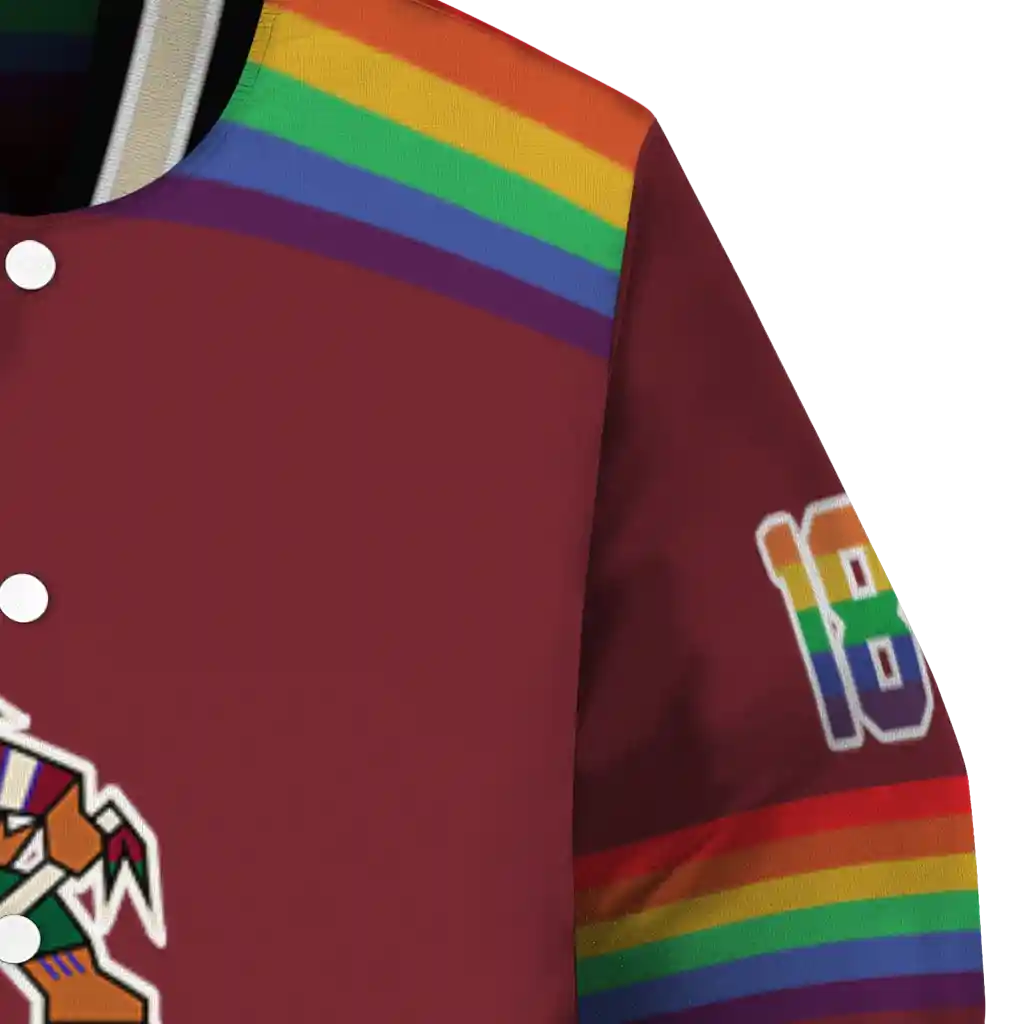 customized arizona coyotes rainbow jersey number red varsity jacket premium grade customized arizona coyotes rainbow jersey number red varsity jacket premium grade