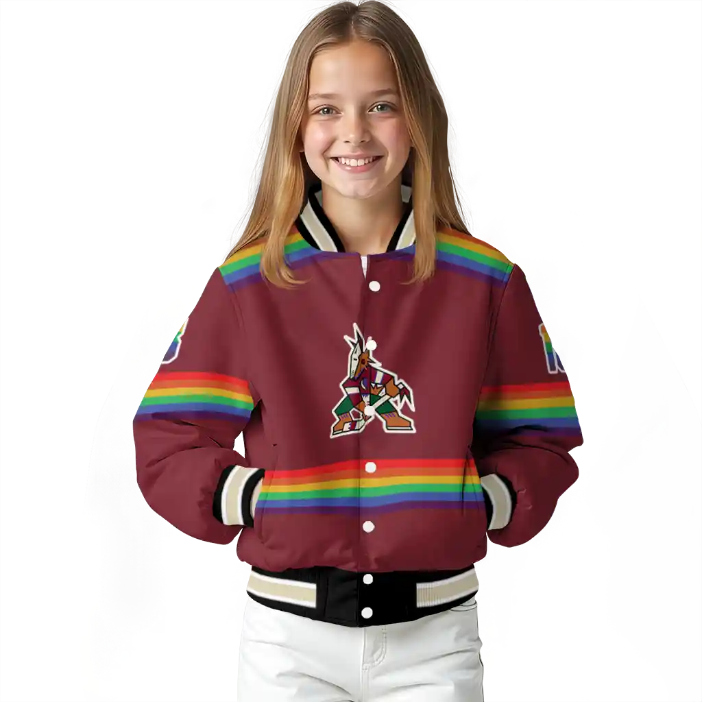 customized arizona coyotes rainbow jersey number red varsity jacket top rated customized arizona coyotes rainbow jersey number red varsity jacket top rated