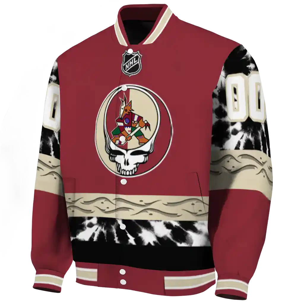 customized arizona coyotes skull stripe red black varsity jacket best selling customized arizona coyotes skull stripe red black varsity jacket best selling