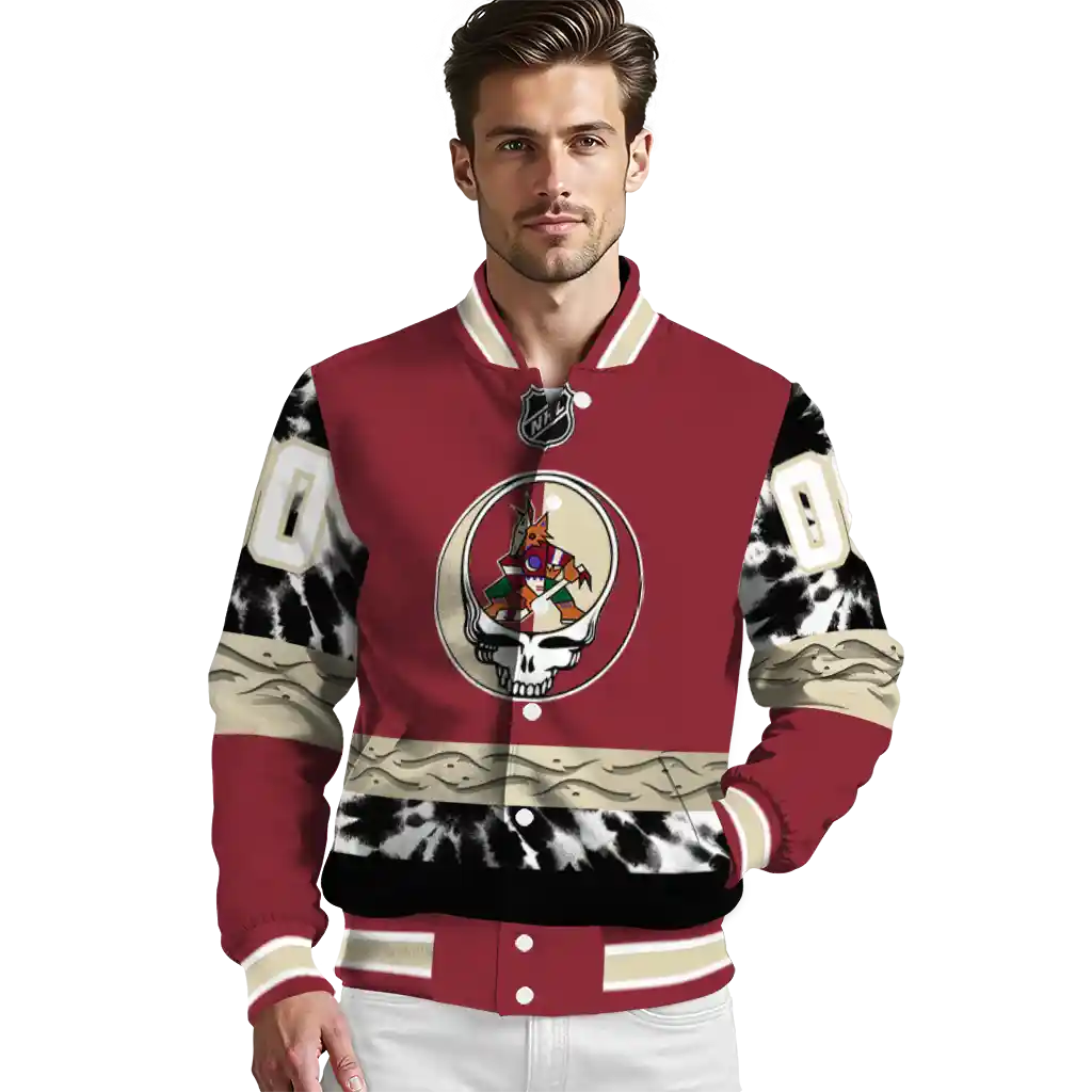 customized arizona coyotes skull stripe red black varsity jacket high quality customized arizona coyotes skull stripe red black varsity jacket high quality