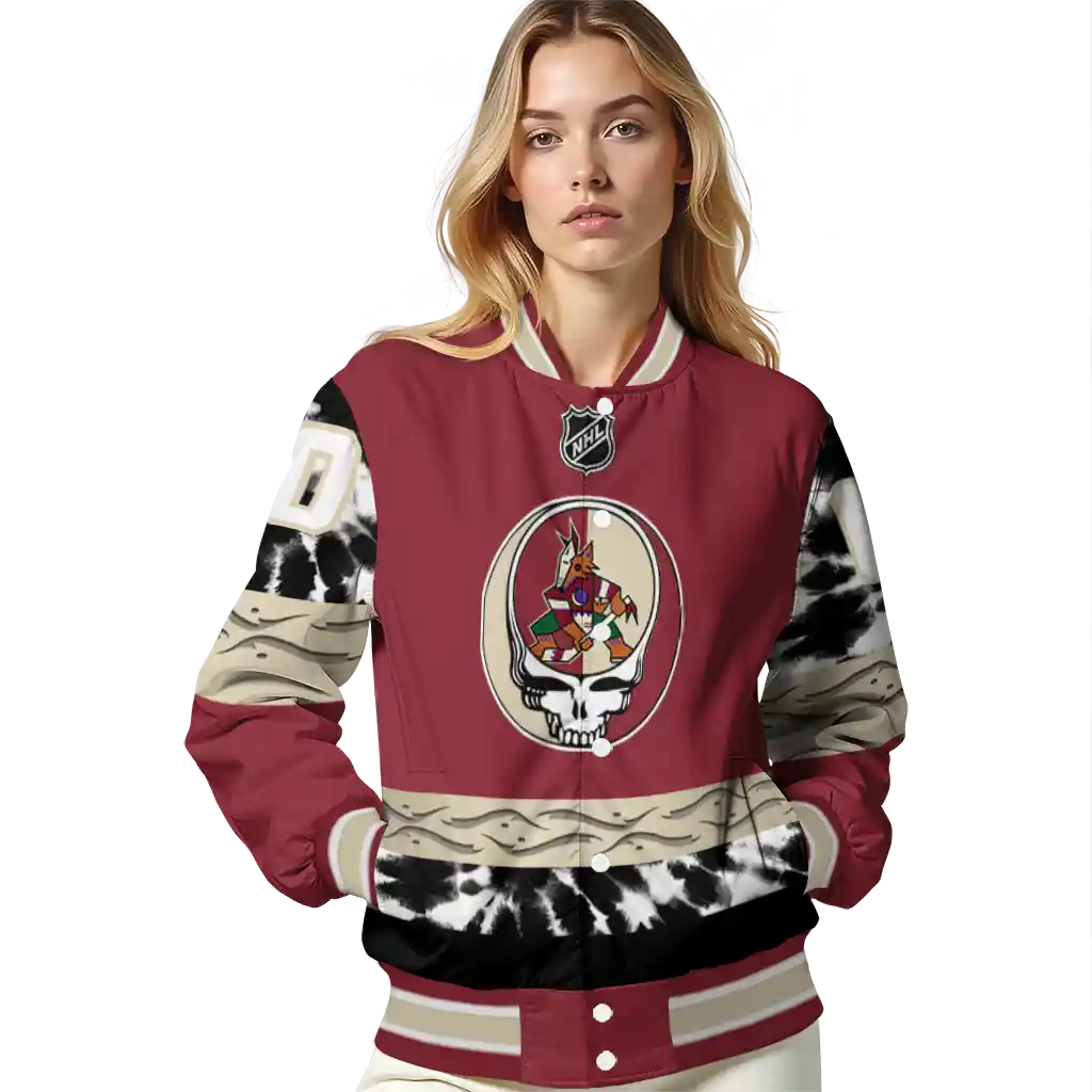customized arizona coyotes skull stripe red black varsity jacket latest model customized arizona coyotes skull stripe red black varsity jacket latest model