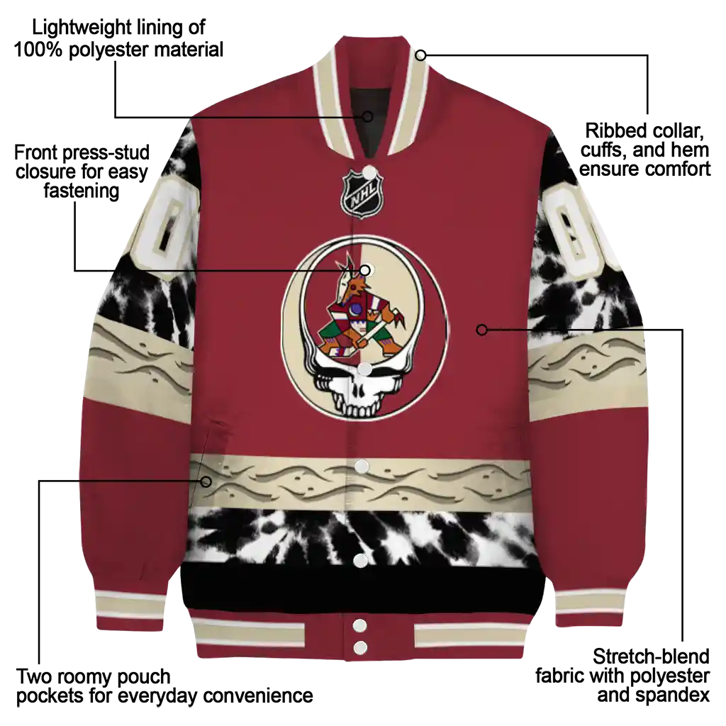 customized arizona coyotes skull stripe red black varsity jacket new arrival customized arizona coyotes skull stripe red black varsity jacket new arrival