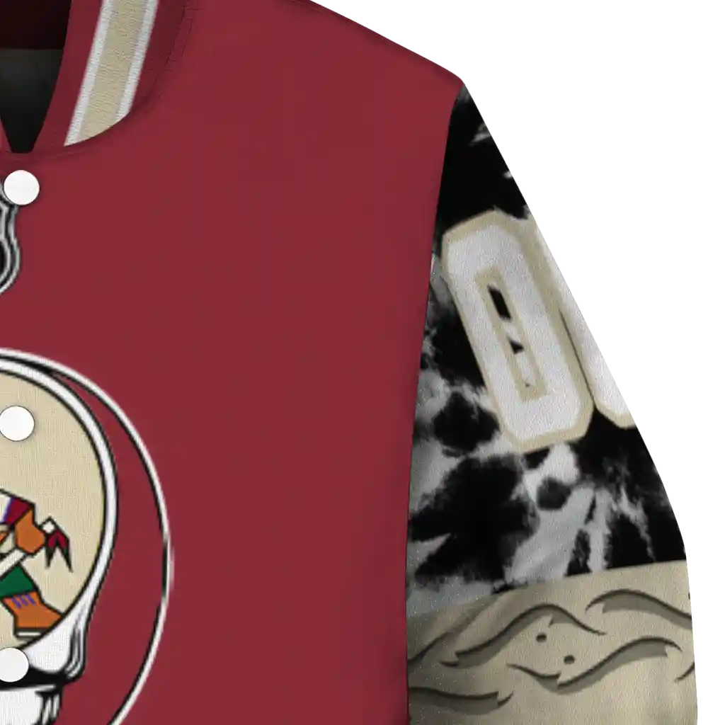 customized arizona coyotes skull stripe red black varsity jacket premium grade customized arizona coyotes skull stripe red black varsity jacket premium grade