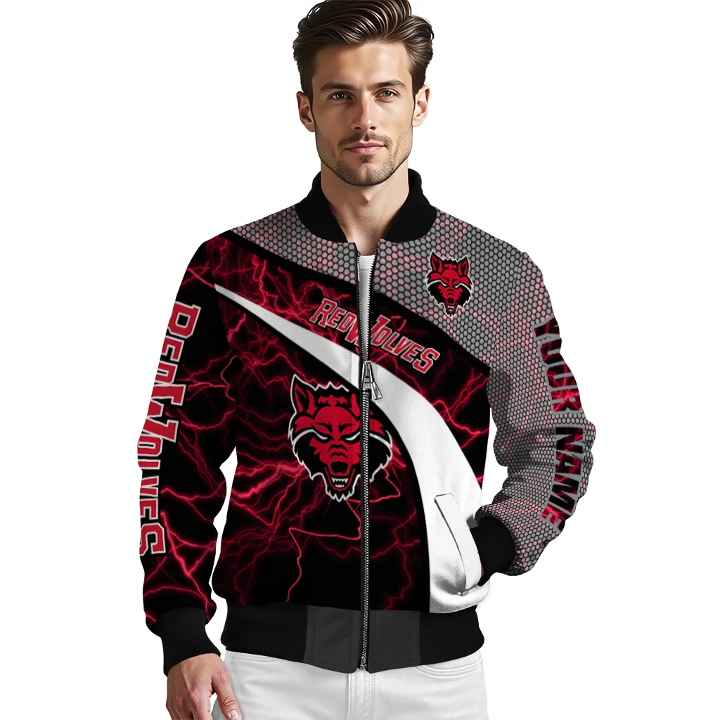 customized arkansas state red wolves electric flash scarlet bomber jacket high quality customized arkansas state red wolves electric flash scarlet bomber jacket high quality