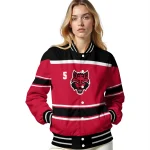 customized arkansas state red wolves stripe statement scarlet black varsity jacket best selling
